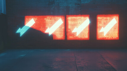 Poster - Neon arrows on exposed brick wall in urban night setting for modern design