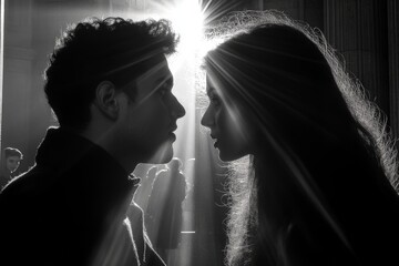 Poster - Couple shares an intimate moment in silhouette with dramatic lighting in a vintage setting