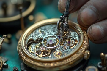 Poster - Crafting intricate details in a vintage watch during restoration in a workshop setting