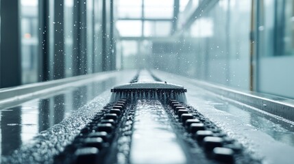Poster - High-tech conveyor belt cleaning machine with automated detergent spray and rotating brush system.