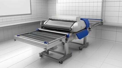 Poster - High-tech tray cleaning equipment with conveyor belt transport and efficient drying tunnel.