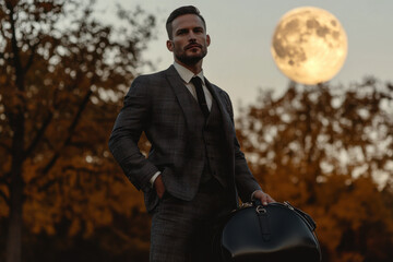 fashionable man in a tailored suit holding a bag, posed in front of a dramatic full moon and tree ba