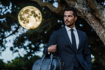 fashionable man in a tailored suit holding a bag, posed in front of a dramatic full moon and tree ba