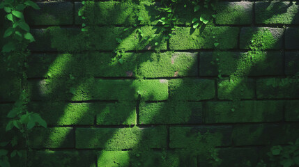 Poster - Lush green moss growing on textured dark brick wall in forest setting