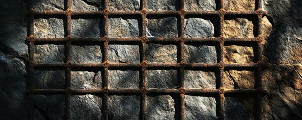 Aufkleber - Textured forged metal grid on rustic stone wall for industrial design