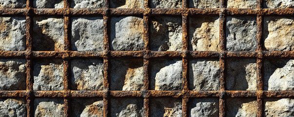 Aufkleber - Forged metal grid pattern on rough stone wall for architectural design