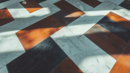 Poster - Modern geometric wood and marble tile pattern with interplay of light and shadow