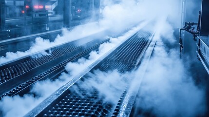 Poster - Industrial conveyor belt sanitizing machine with integrated hot water cleaning and brush scrubbing.
