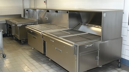 Poster - Industrial conveyor belt sanitizing machine with integrated hot water cleaning and brush scrubbing.