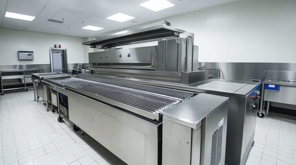 Poster - Industrial tray washing station with detergent injection and multi-angle spray nozzles.