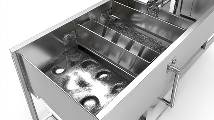 Poster - Large-scale tray cleaning system with built-in conveyor belt and rapid water drainage.