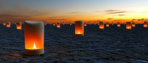 Wall Mural - a serene landscape filled with glowing lanterns against a twilight sky, creating a peaceful and refl