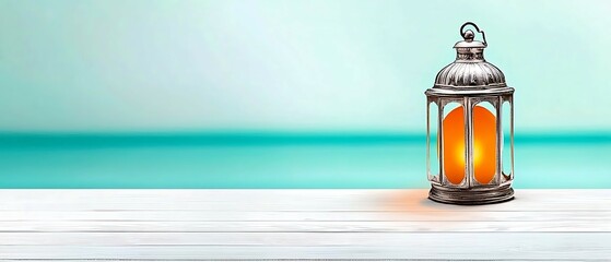 Wall Mural - A charming lantern with a glowing orange light sits on a weathered white surface against a tranquil turquoise background.