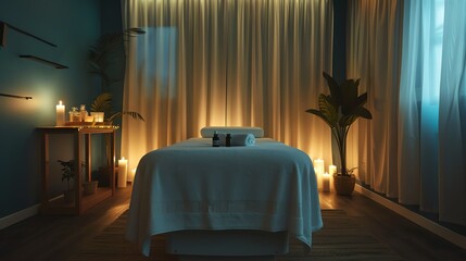Wall Mural - A dimly lit spa room with a massage table, candles, and plants.