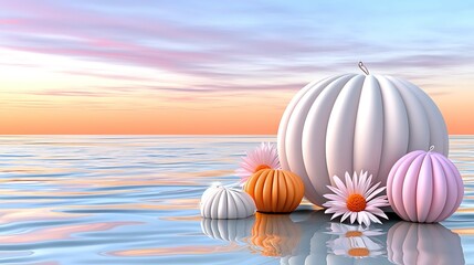 Wall Mural - a serene scene featuring colorful spheres and flowers floating on calm water, with a pastel sunset s