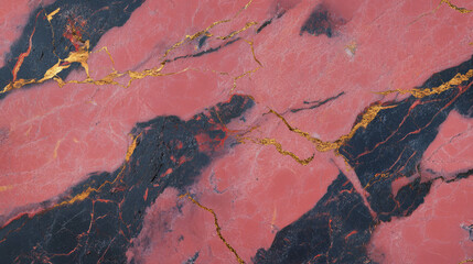 Poster - Glossy vibrant pink marble texture with dark veins and gold accents for decorative design