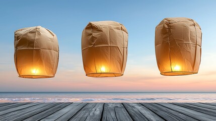 Wall Mural - three illuminated sky lanterns rise against a serene sunset over the ocean, creating a tranquil and 