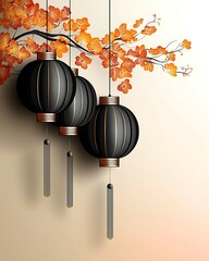 Wall Mural - Elegant black lanterns hang against a backdrop of autumn leaves, creating a warm and inviting atmosphere.