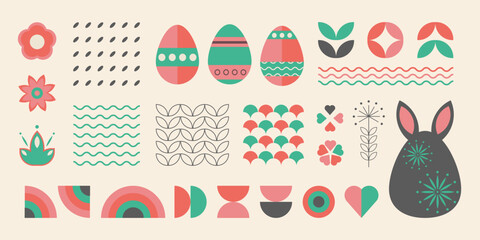 Poster - Easter geometric elements, simple geometric shapes and figures, symbols of the holiday. Religious celebration stickers with rabbit, flowers, patterns and eggs. Vector illustration.
