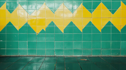 Poster - Geometric pattern on green and yellow tiled wall for interior design inspiration