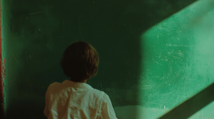 Aufkleber - Child in front of green chalkboard with dramatic light and shadows