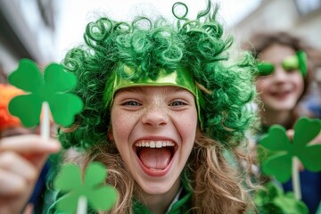 Wall Mural - Festive celebration with friends in green wigs and accessories for st. patrick's day fun