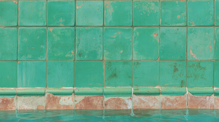 Poster - Rustic green tiles with aged stone border above water surface