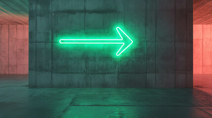Poster - Futuristic urban design with green neon arrow on concrete wall