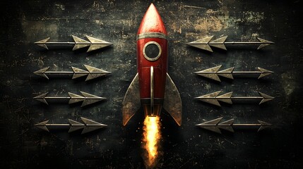 Poster - A stylized rocket surrounded by a dynamic array of arrows indicating upward business trends and growth  This powerful image represents innovation advancement