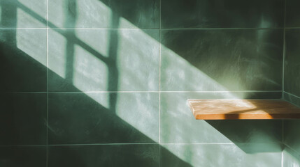 Poster - Minimalist interior with grey tile texture and wooden shelf in soft light