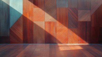 Poster - Modern hardwood wall with abstract geometric shapes and shadows