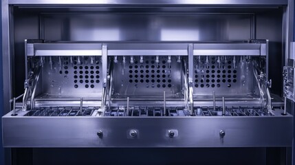 Poster - Top-down view of a high-speed bottle cleaning machine with modular washing compartments.