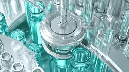 Poster - Top-down view of a multi-stage bottle cleaning machine with self-cleaning function.