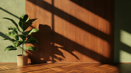 Poster - Elegant interior with hardwood herringbone wall and potted plant for modern decor design