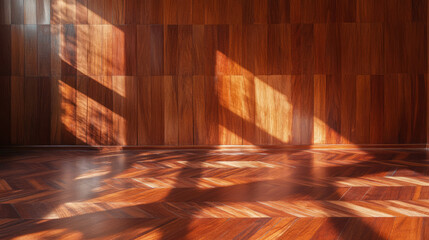 Poster - Elegant hardwood wall and parquet flooring with sunlit patterns for interior design inspiration
