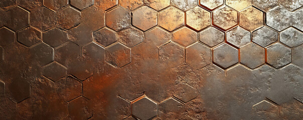 Poster - Metallic hexagonal mesh texture on rustic wall for modern design concepts