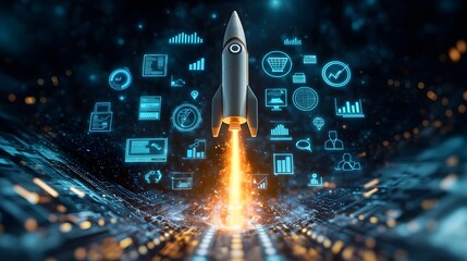 Poster - A dynamic and futuristic depicting a rocket soaring upward surrounded by a holographic display of various business related icons and symbols
