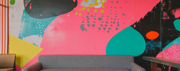 Poster - Colorful abstract wall mural with hot pink and geometric shapes for interior design inspiration