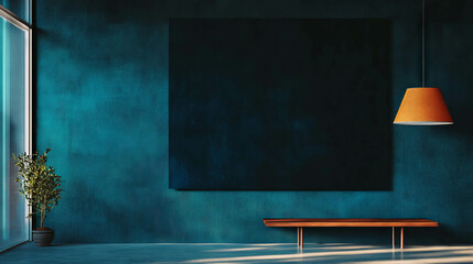 Poster - Modern interior with inky black wall and subtle blue design elements