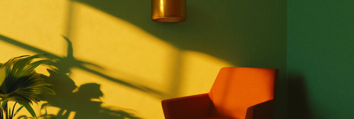 Poster - Vibrant minimalist interior with orange chair and intense gold wall design