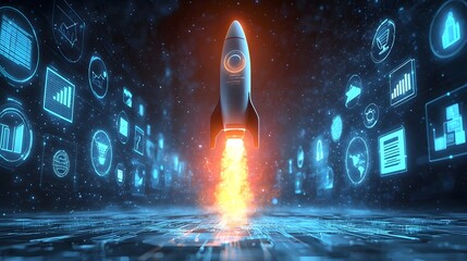Poster - Futuristic rocket launching upwards surrounded by dynamic holographic business icons graphs and data visualizations   symbolizing innovation technology