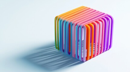 Poster - colorful cube of rainbow-hued lines on white background.