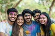 © shelbys - Group of Happy Indian Friends Celebrating Holi Festival with Color Powder (Gulal) Posing for Photo.Fictional Character Created By Generative AI