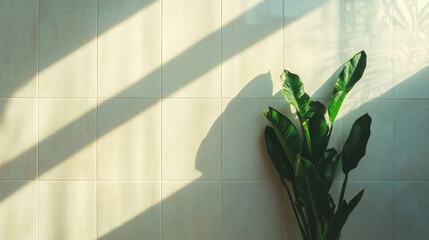 Poster - Tranquil interior with green plant against large white tiles and soft shadows