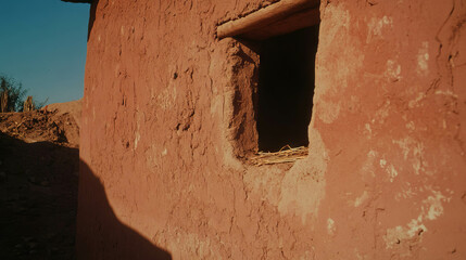 Poster - Rustic adobe clay wall texture with sunlit open window in warm natural setting