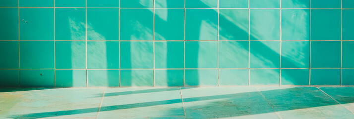 Poster - Light blue tiled wall texture with thin grout and sunlit shadows
