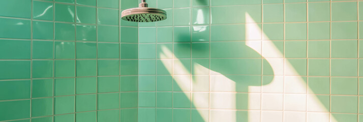 Poster - Light green tiled wall texture with clean grout and shadow play