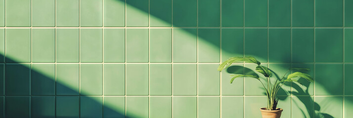 Poster - Sunlit green tiled wall with plant for interior design inspiration