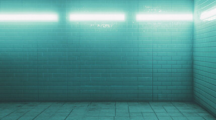 Poster - Modern industrial design with light grey brick and white neon glow