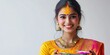 © shelbys - Young Indian Woman Celebrating Holi Festival in Saree with Color Powder (Gulal) Plate Photo.Fictional Character Created By Generative AI